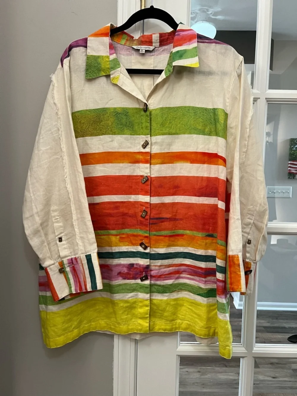 John Mark Hello Sunshine linen Multicolor Striped Button-Down Shirt Sz XL EUC